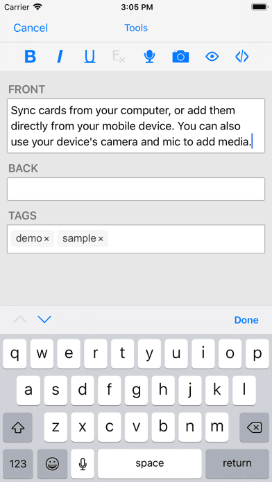 AnkiMobile screenshot showing mobile card creation and sync