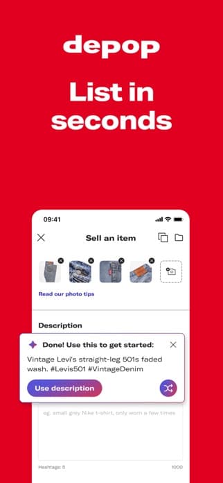 Depop screenshot showing AI-assisted listing copy