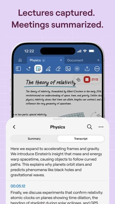 Goodnotes screenshot showing lecture capture and meeting summaries