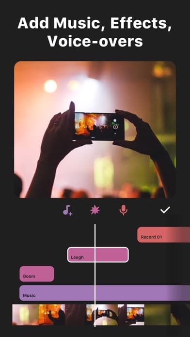 InShot screenshot showing music, effects, and voice-over editing