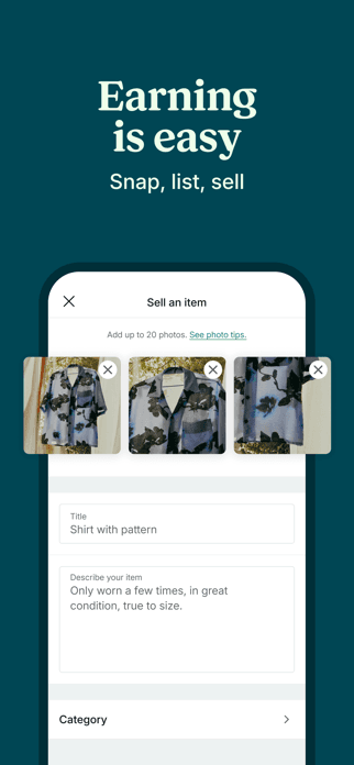 Vinted screenshot showing an easy item listing workflow