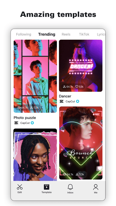 CapCut screenshot with Amazing templates headline and trending template feed
