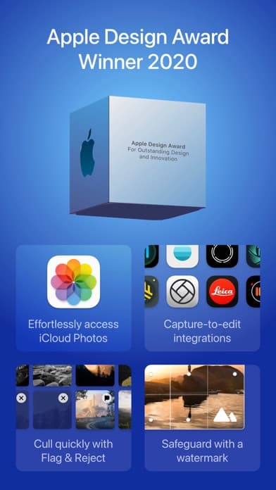 Darkroom screenshot showing Apple Design Award recognition and native workflow features
