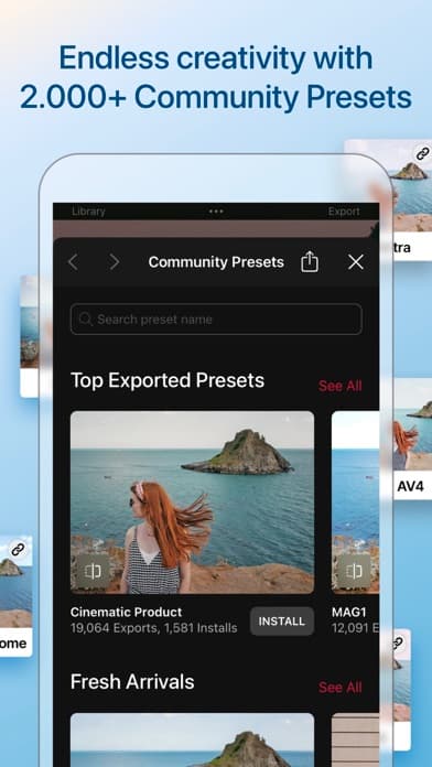 Darkroom screenshot promoting more than 2,000 community presets