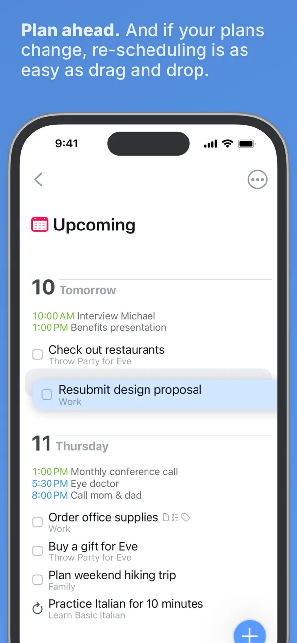 Things 3 Upcoming view demonstrating drag-and-drop planning