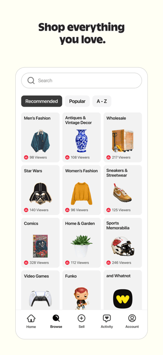 Whatnot screenshot showing a broad shopping category directory